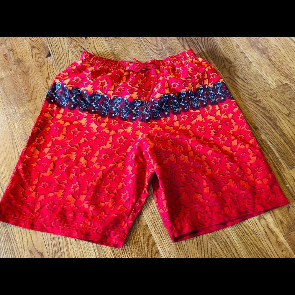 Plank Men’s Swim Trunks, size Large (red/black/orange)